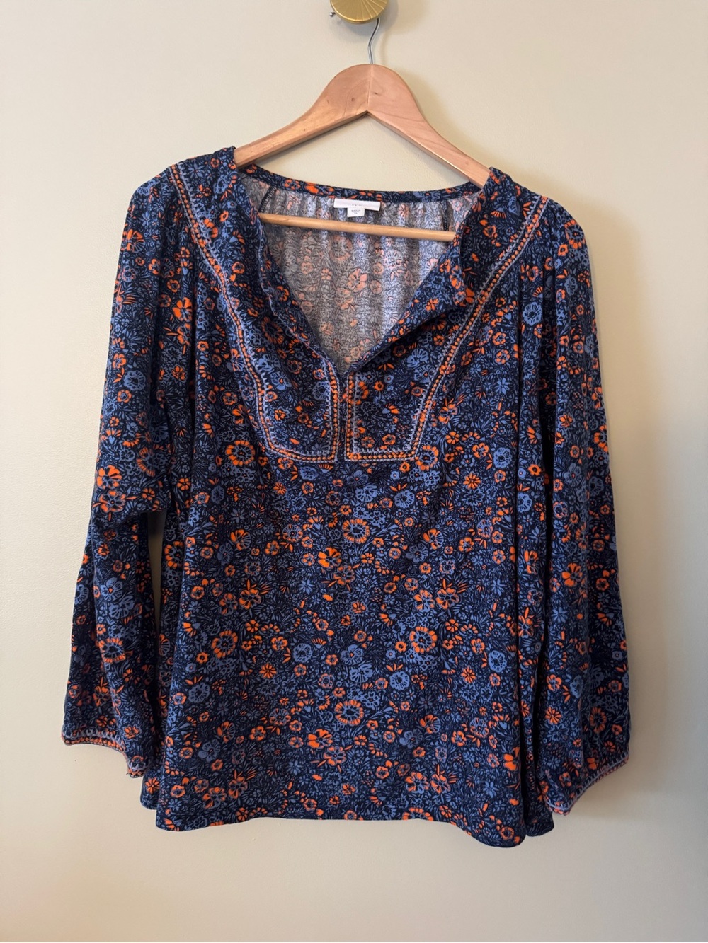 Women's J. Jill Navy Floral V-Neck Blouse with Orange Accents